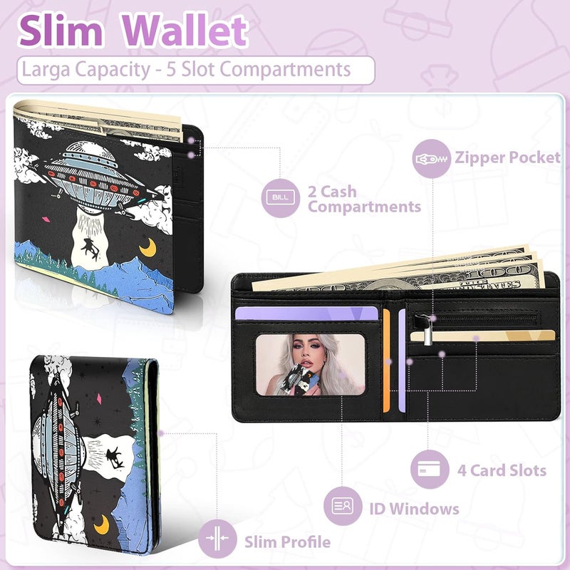 Funermei Cute Wallet for Teen Boys UFO Leather Bifold Wallet for Women Girls Cool Space Funny Aliens Aesthetic Credit Card Holder RFID Id Cash Slim Small Bi-fold Wallets with Coin Pocket Little Girl - Image 4